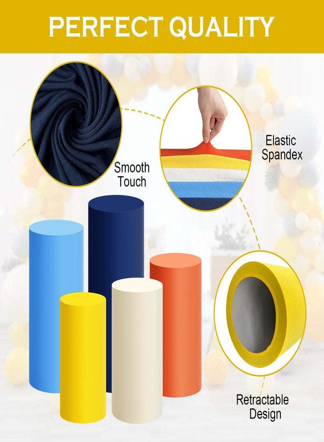 SaitiMade Set of 5 Yellow Beige Orange Navy Blue Cylinder Pedestal Stand Covers, 5pcs Spandex Mixed Colors Cylinder Stand Covers for Party, Wedding or Birthday Event Decor (Only Contains Colorful Cylinder Covers) - Image 5